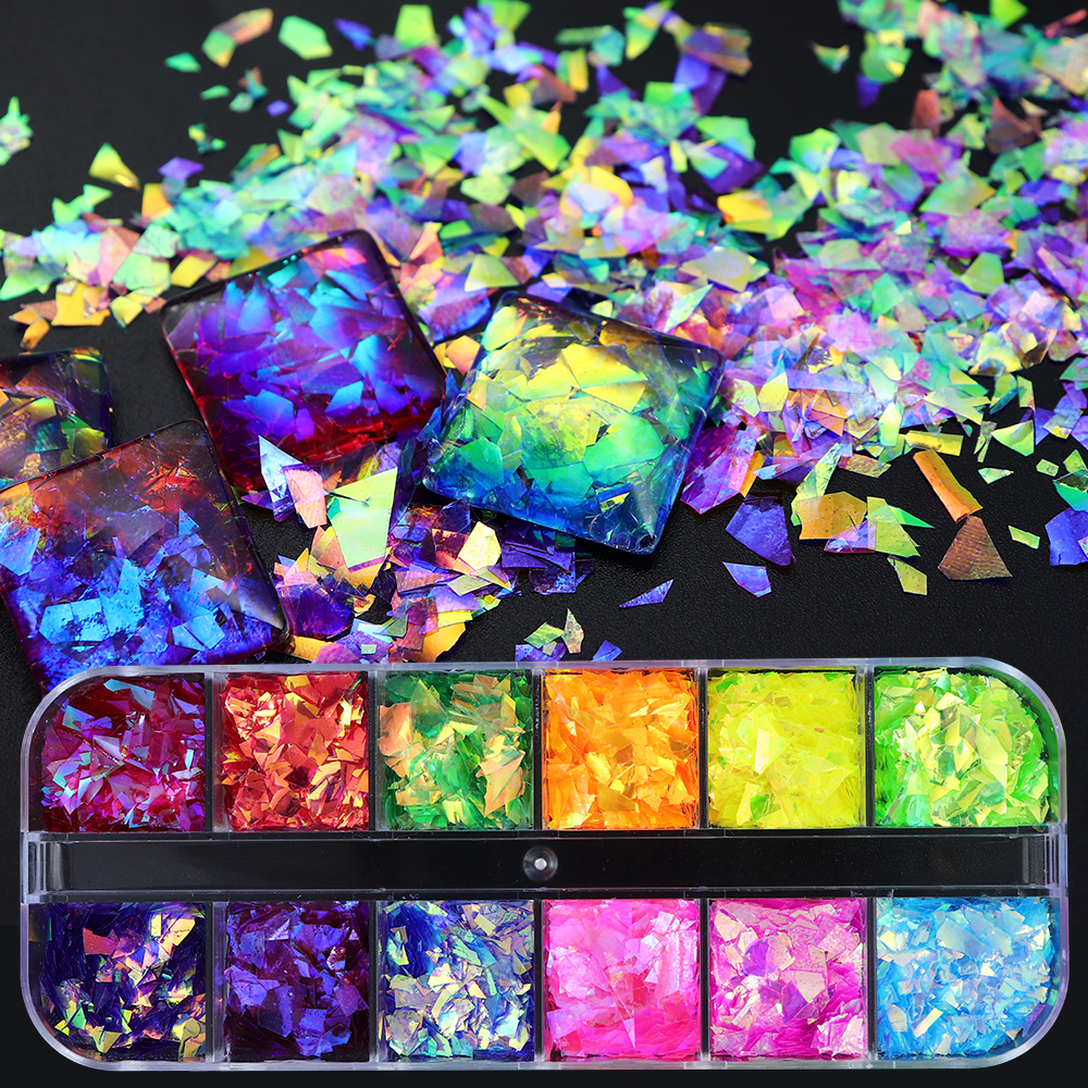 Gold Foil Flakes - 12 Grids/Box Iridescent Glitter Irregular Flakes
